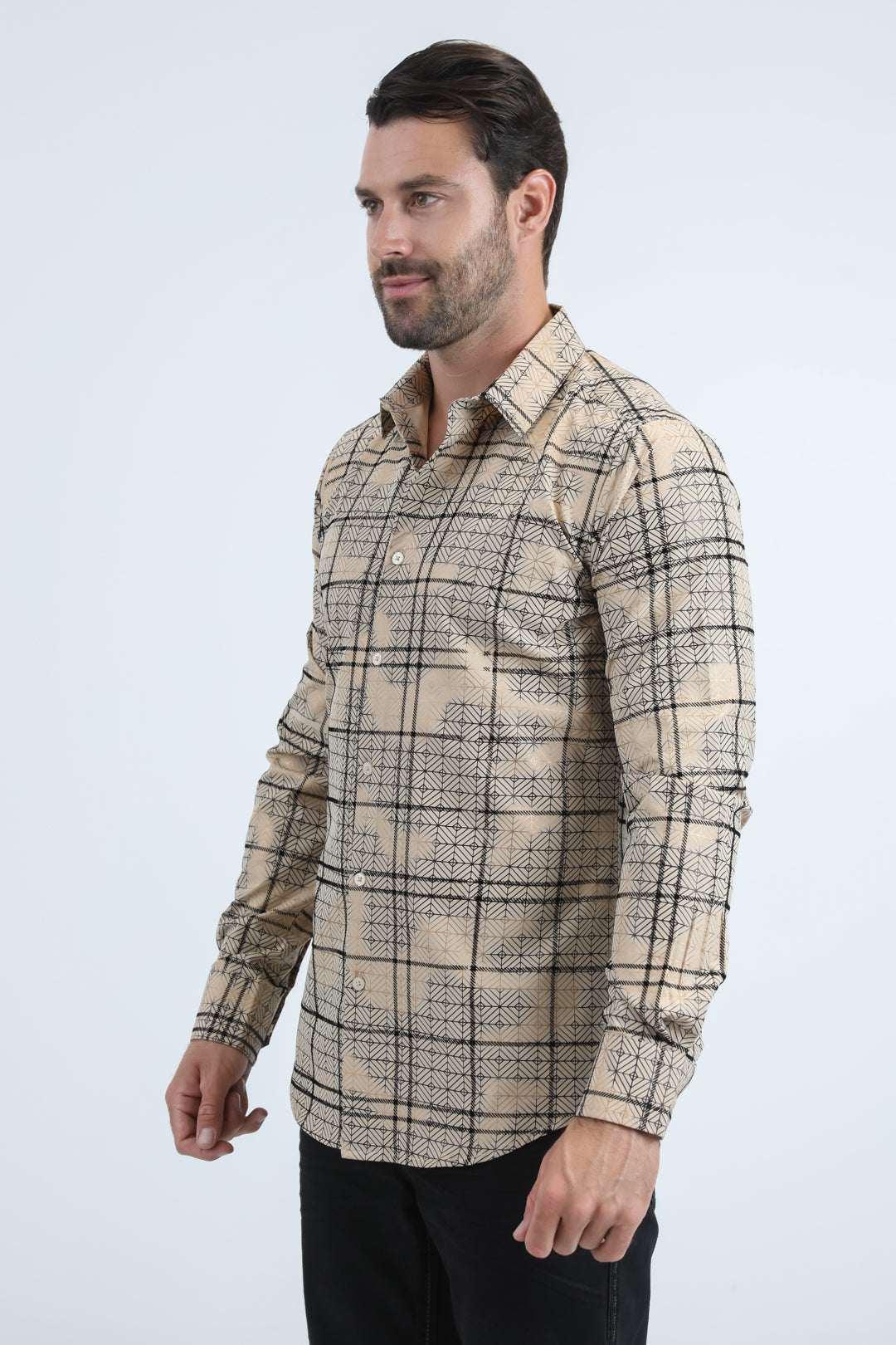 Men's Flocked Modern Fit Spandex Beige Shirt