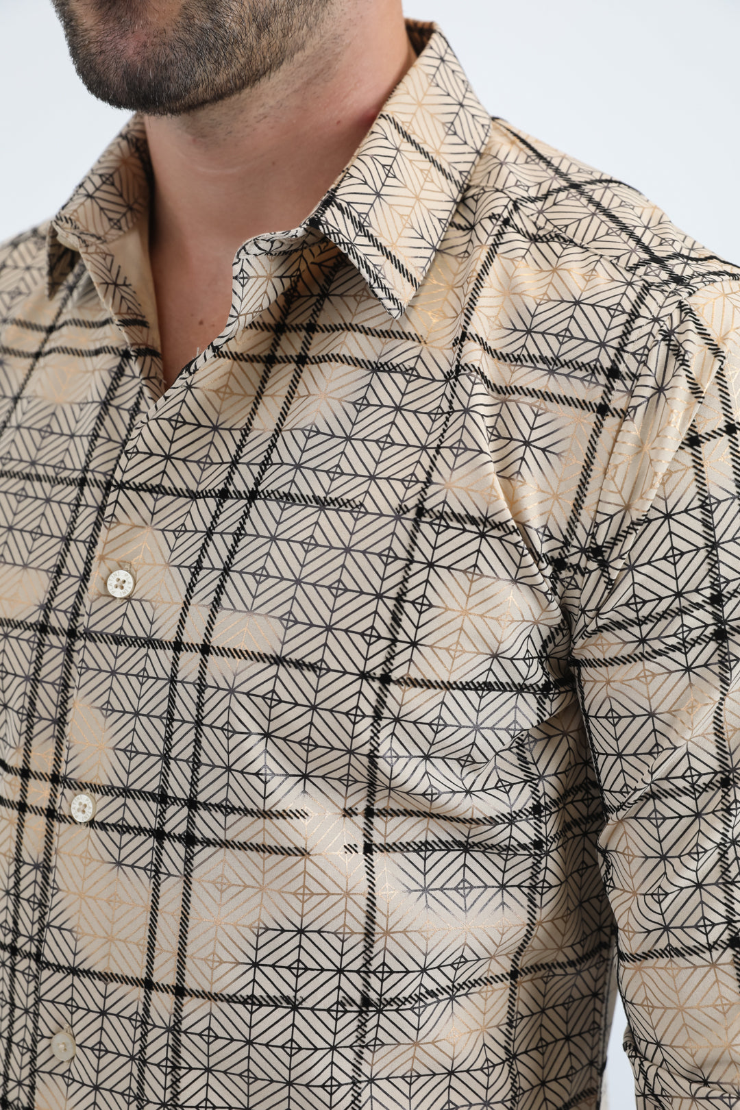 Men's Flocked Modern Fit Spandex Beige Shirt