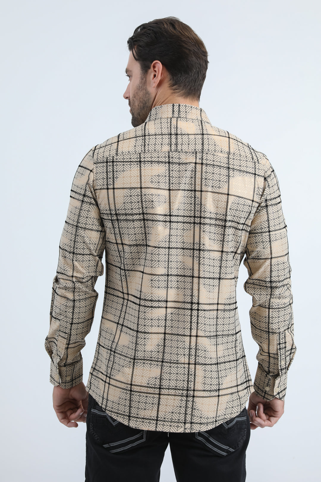 Men's Flocked Modern Fit Spandex Beige Shirt