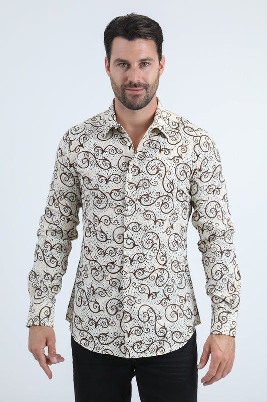 Men's Flocked Modern Fit Spandex Beige Shirt