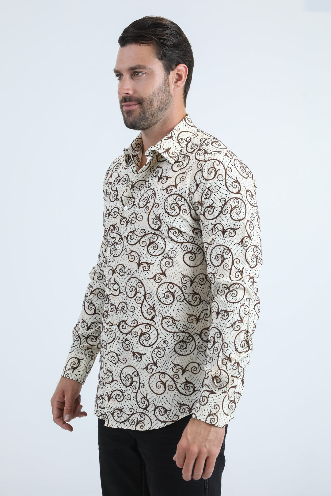 Men's Flocked Modern Fit Spandex Beige Shirt