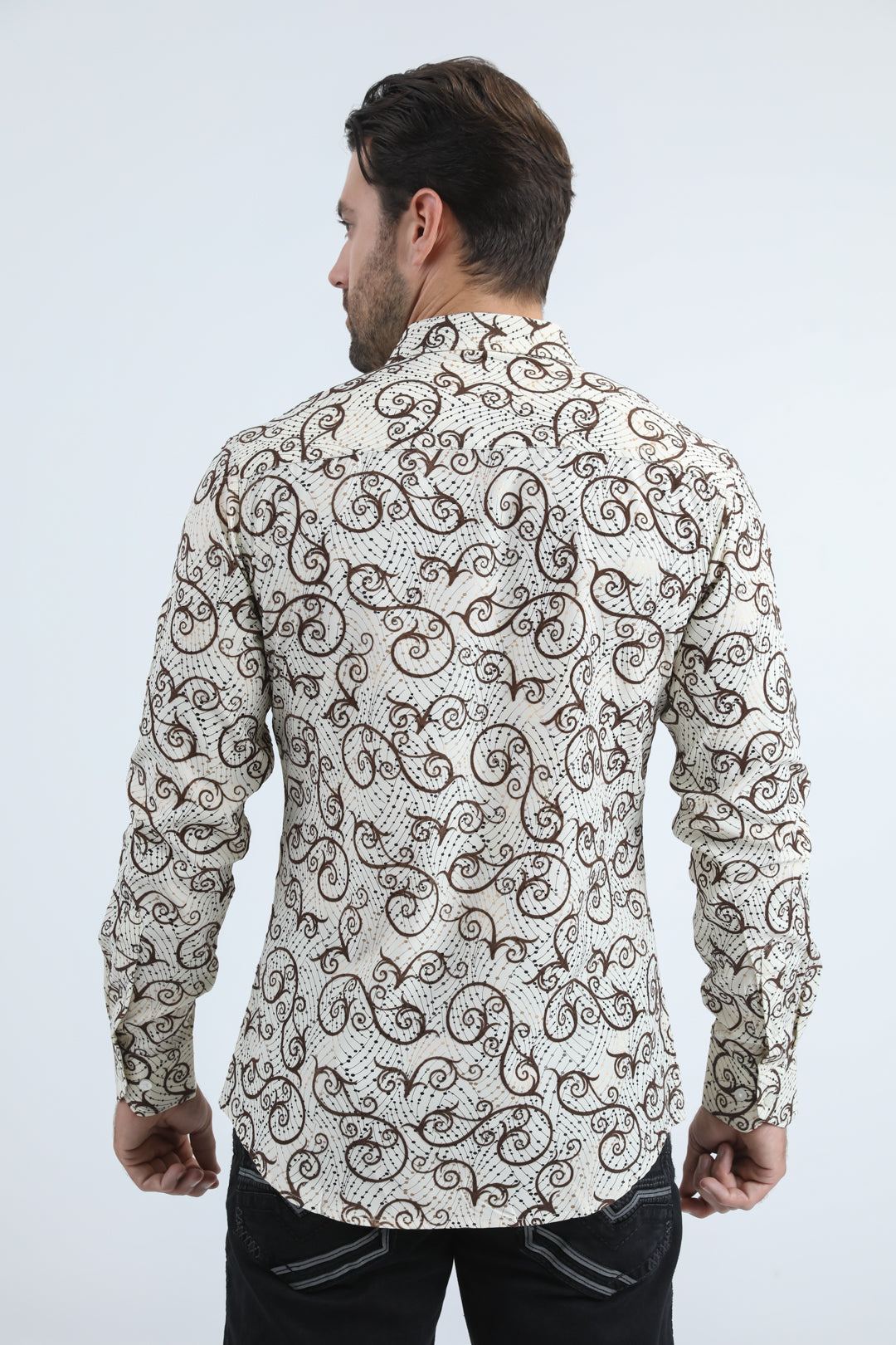 Men's Flocked Modern Fit Spandex Beige Shirt