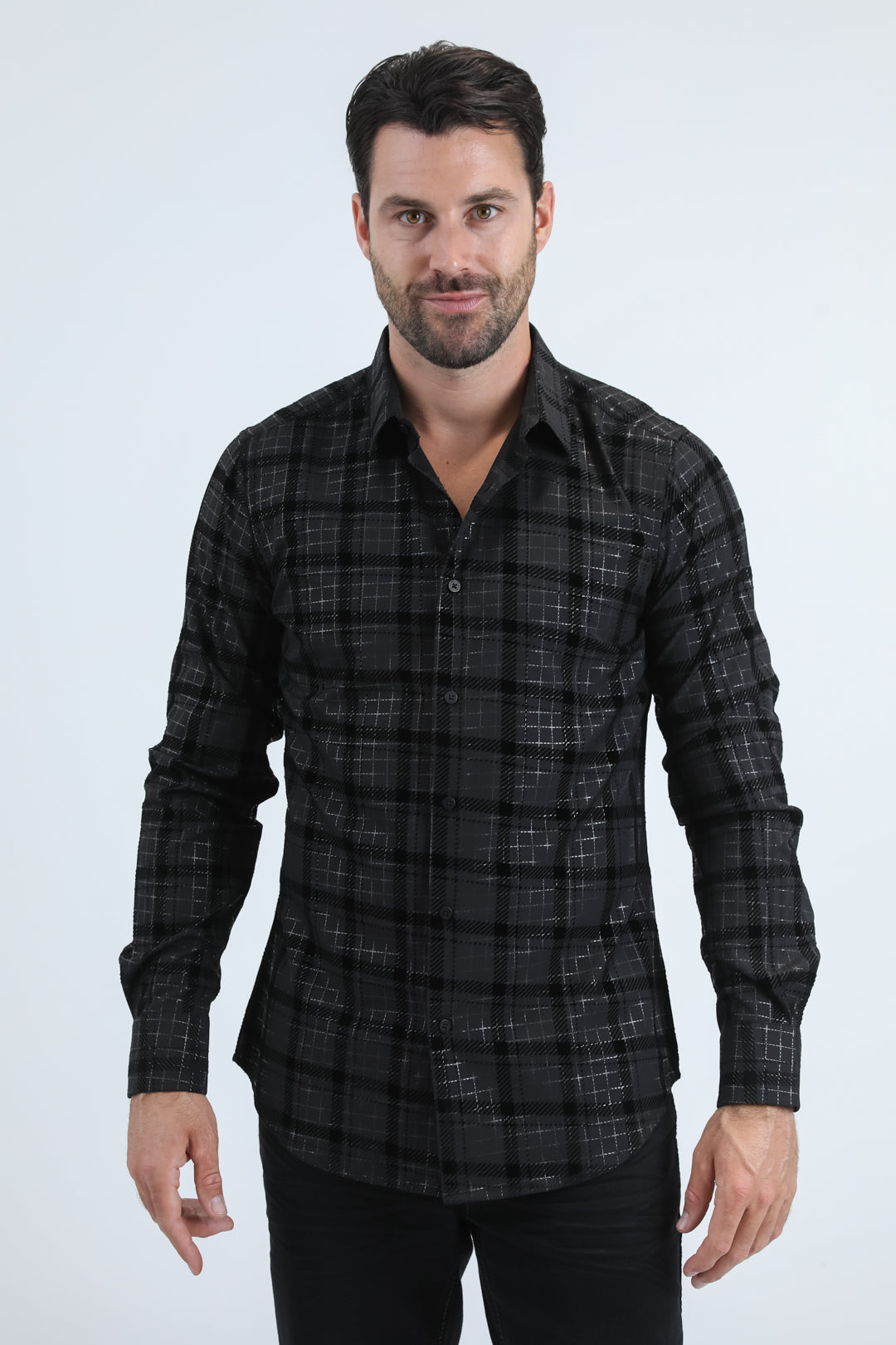 Men's Flocked Modern Fit Spandex Black/Black Shirt