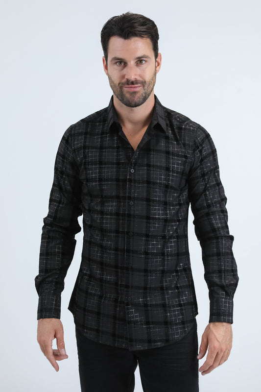 Men's Flocked Modern Fit Spandex Black/Black Shirt