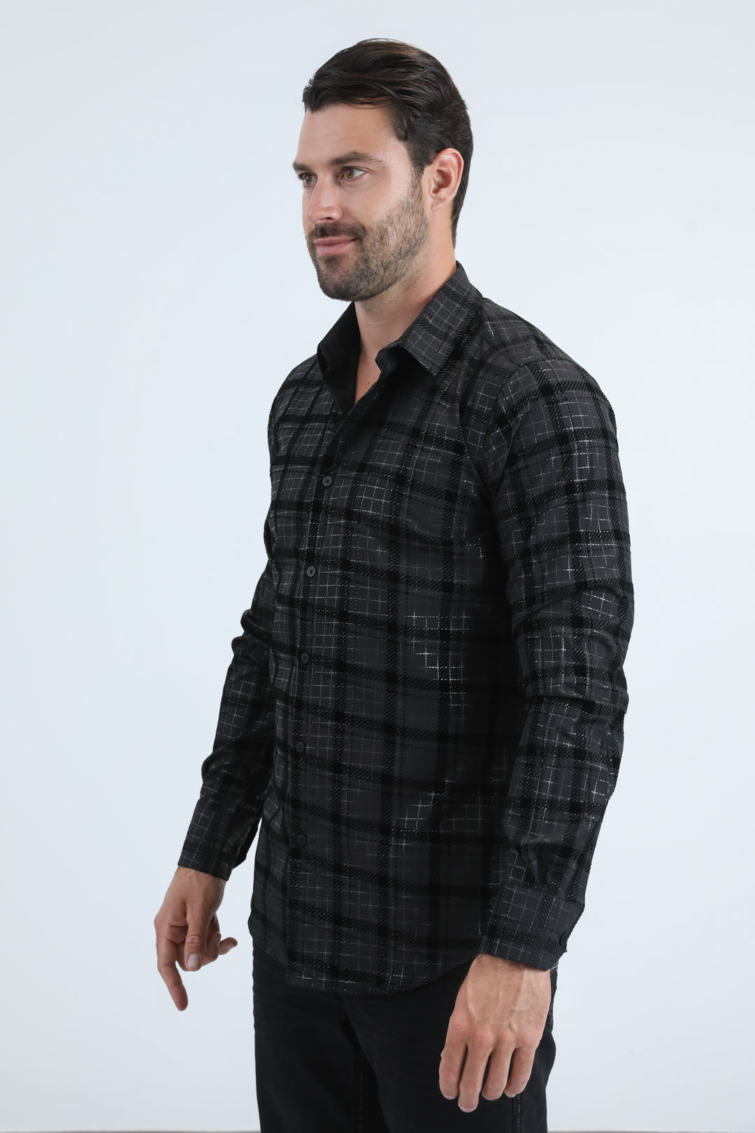 Men's Flocked Modern Fit Spandex Black/Black Shirt