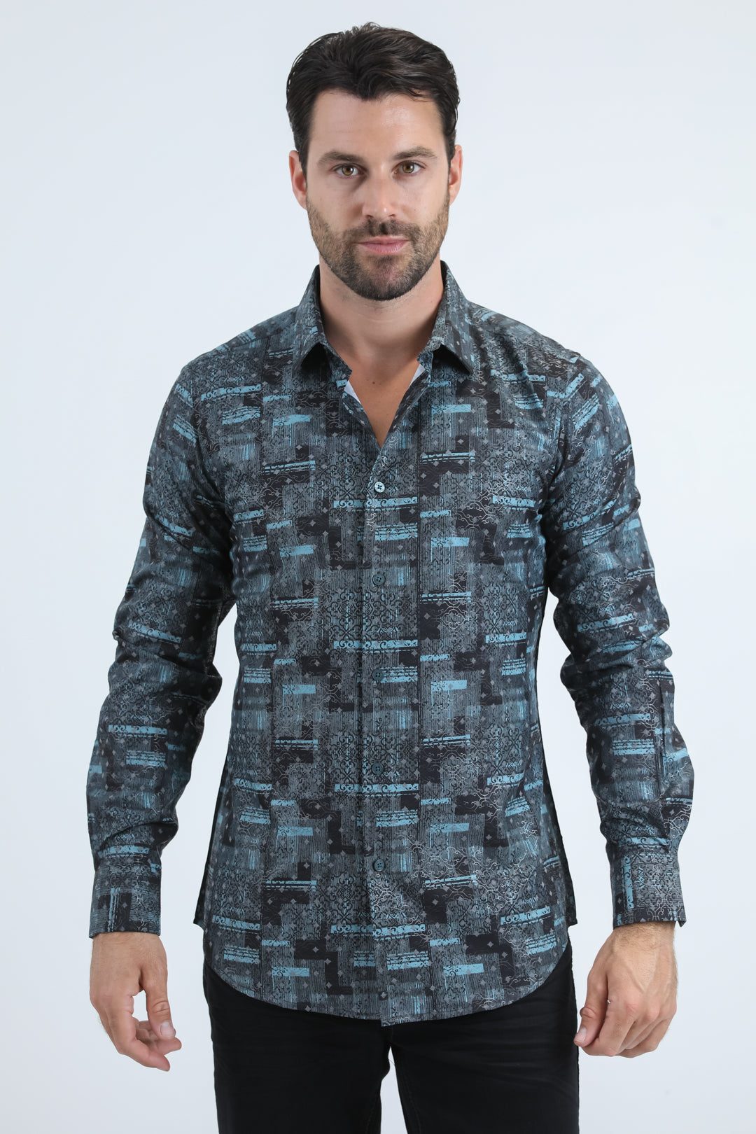 Men's Flocked Modern Fit Spandex Black Shirt