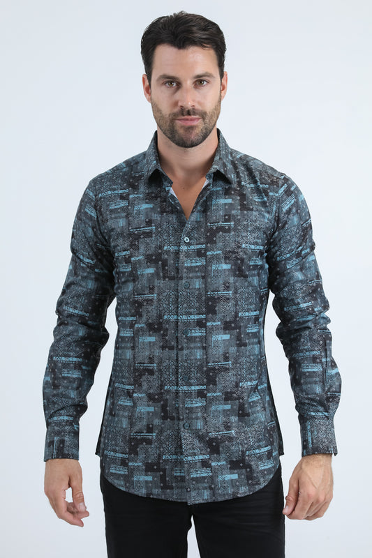 Men's Flocked Modern Fit Spandex Black Shirt