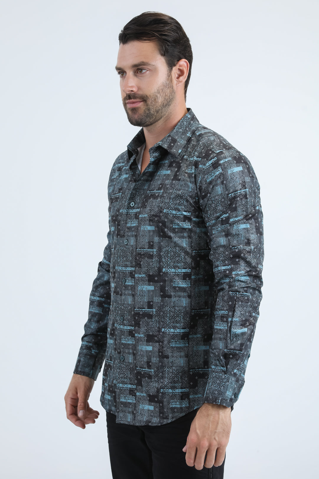 Men's Flocked Modern Fit Spandex Black Shirt