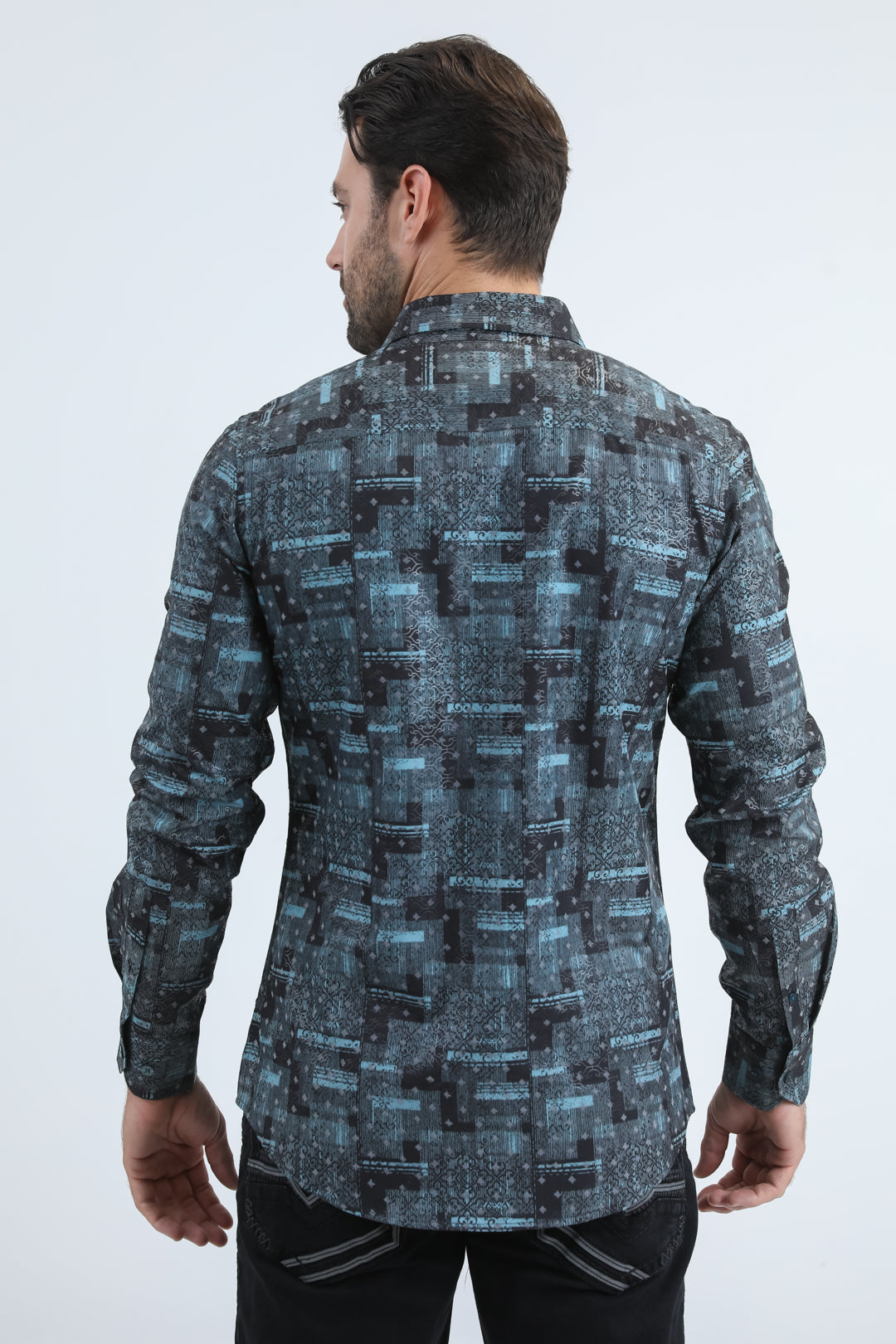 Men's Flocked Modern Fit Spandex Black Shirt
