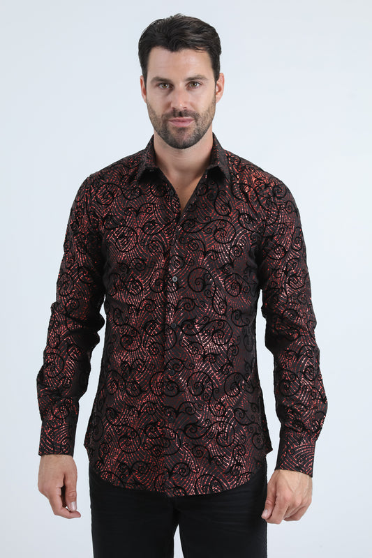 Men's Flocked Modern Fit Spandex Black Shirt