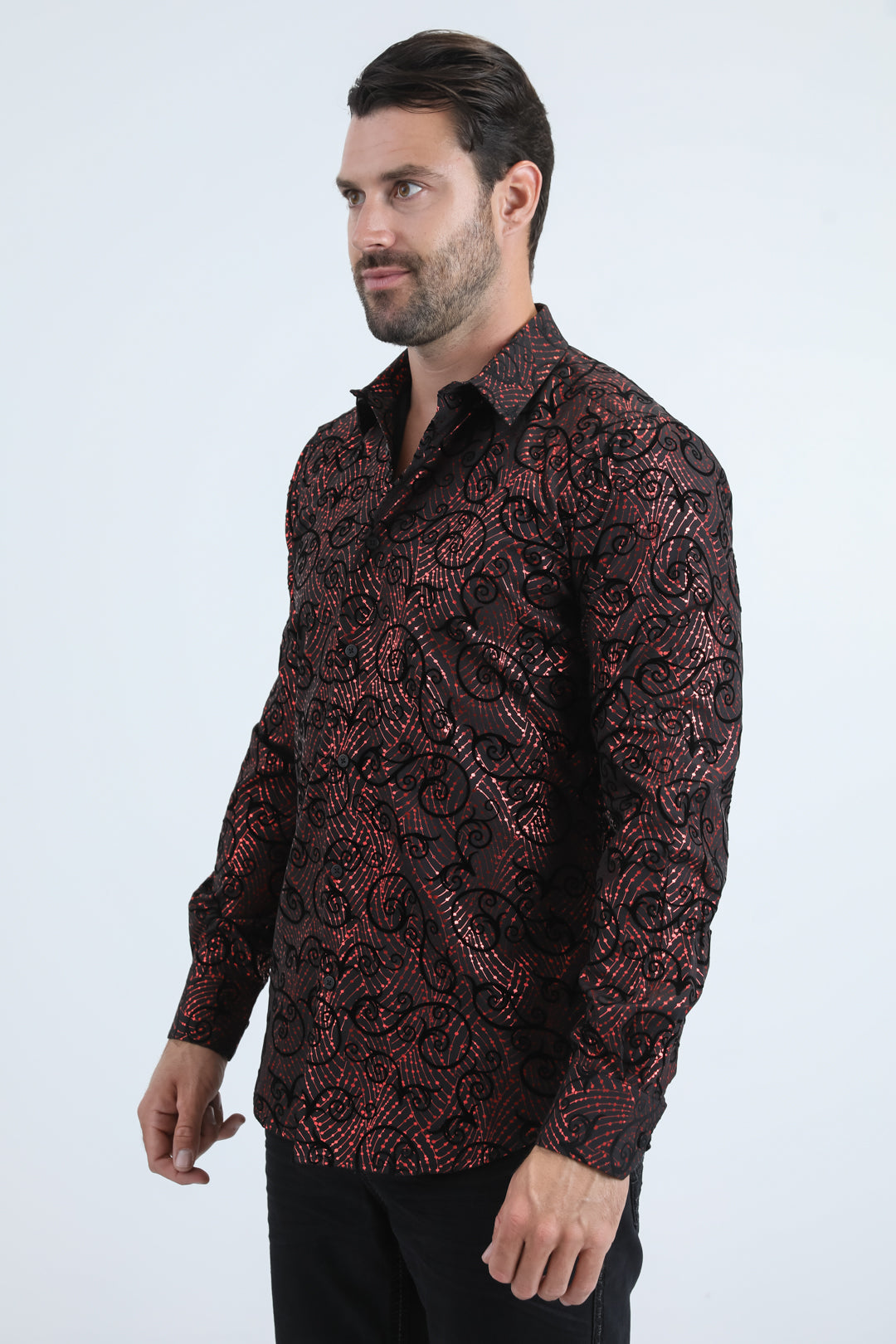 Men's Flocked Modern Fit Spandex Black Shirt