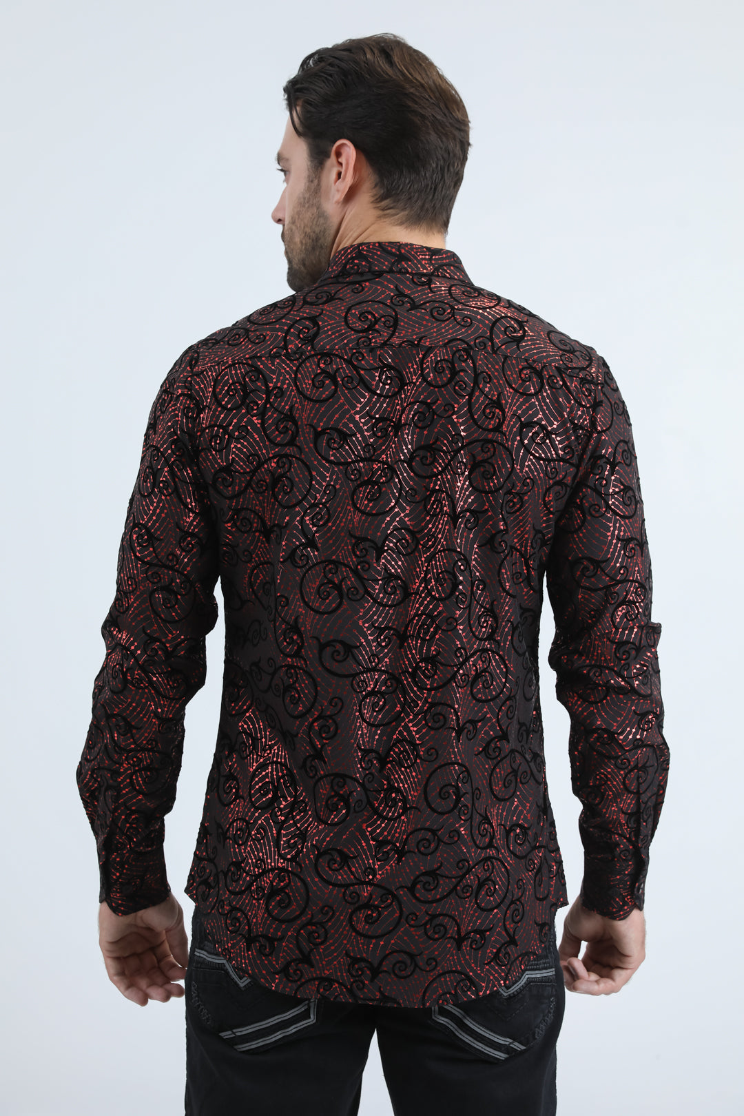 Men's Flocked Modern Fit Spandex Black Shirt