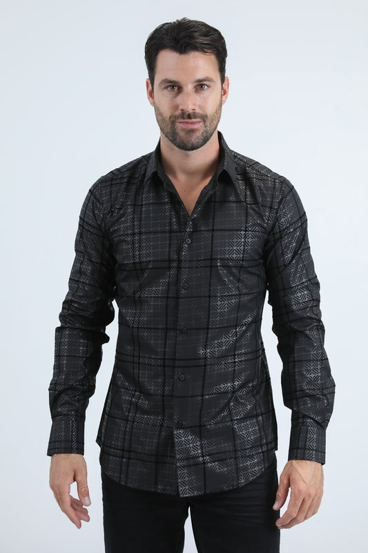 Men's Flocked Modern Fit Spandex Black Shirt