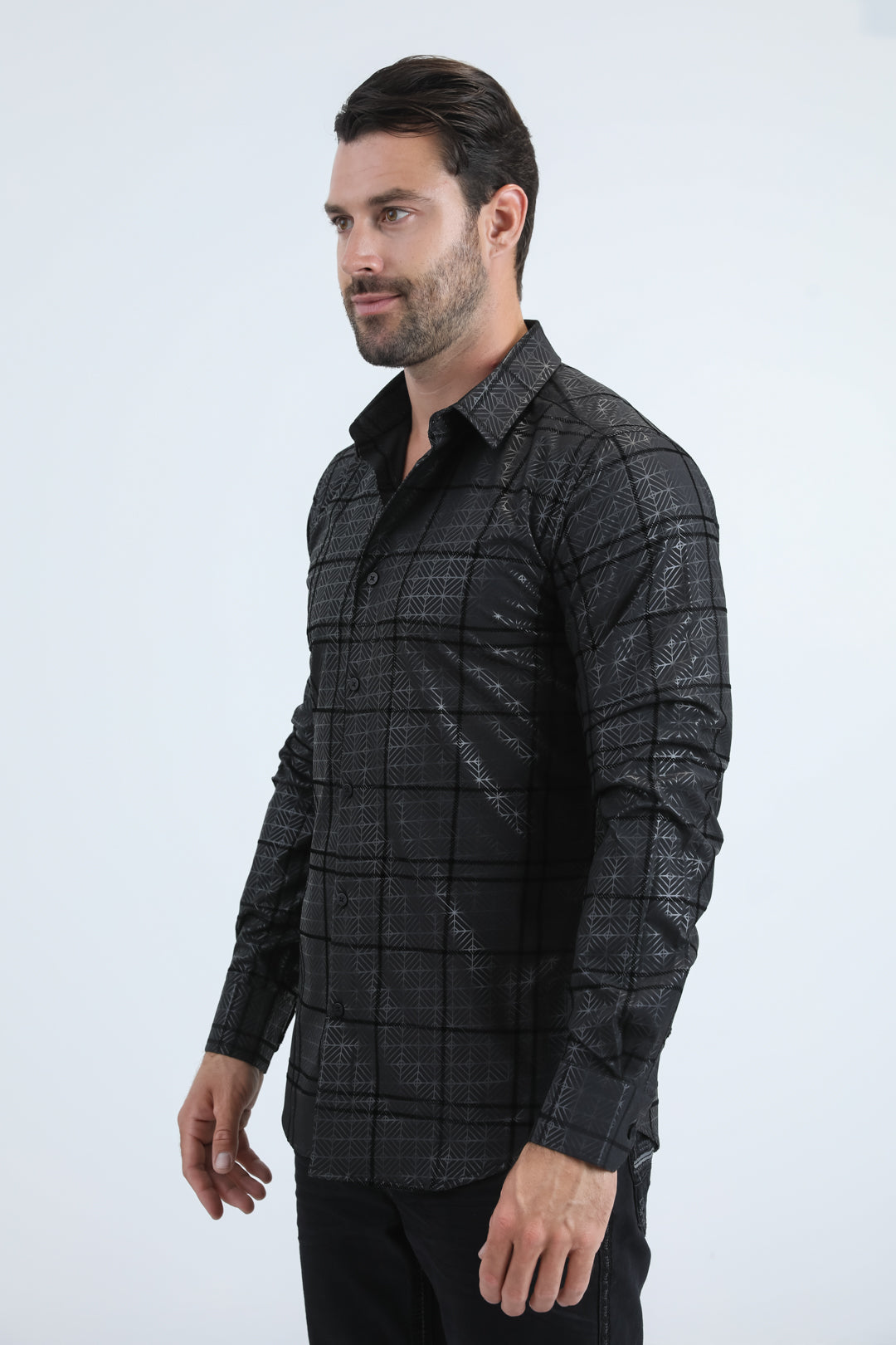 Men's Flocked Modern Fit Spandex Black Shirt