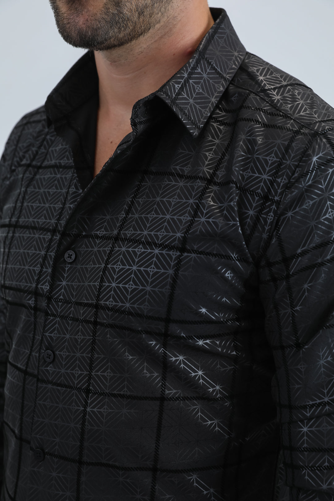 Men's Flocked Modern Fit Spandex Black Shirt