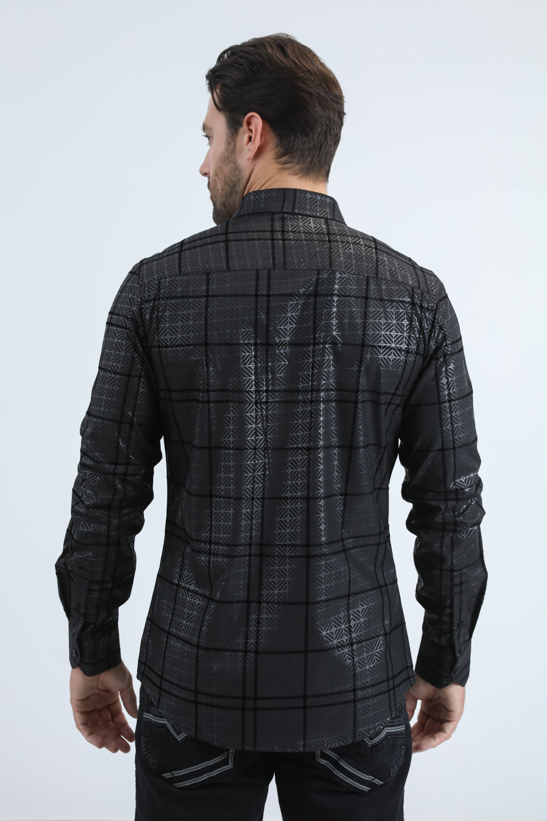 Men's Flocked Modern Fit Spandex Black Shirt