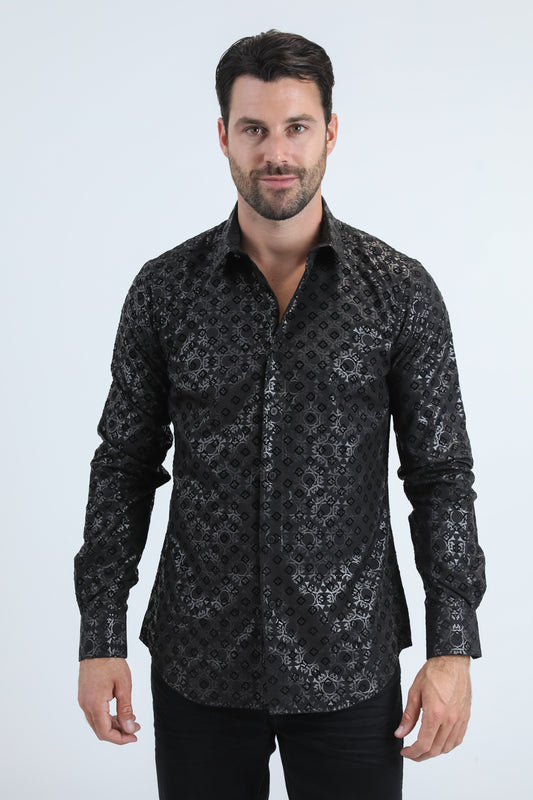 Men's Flocked Modern Fit Spandex Black Shirt