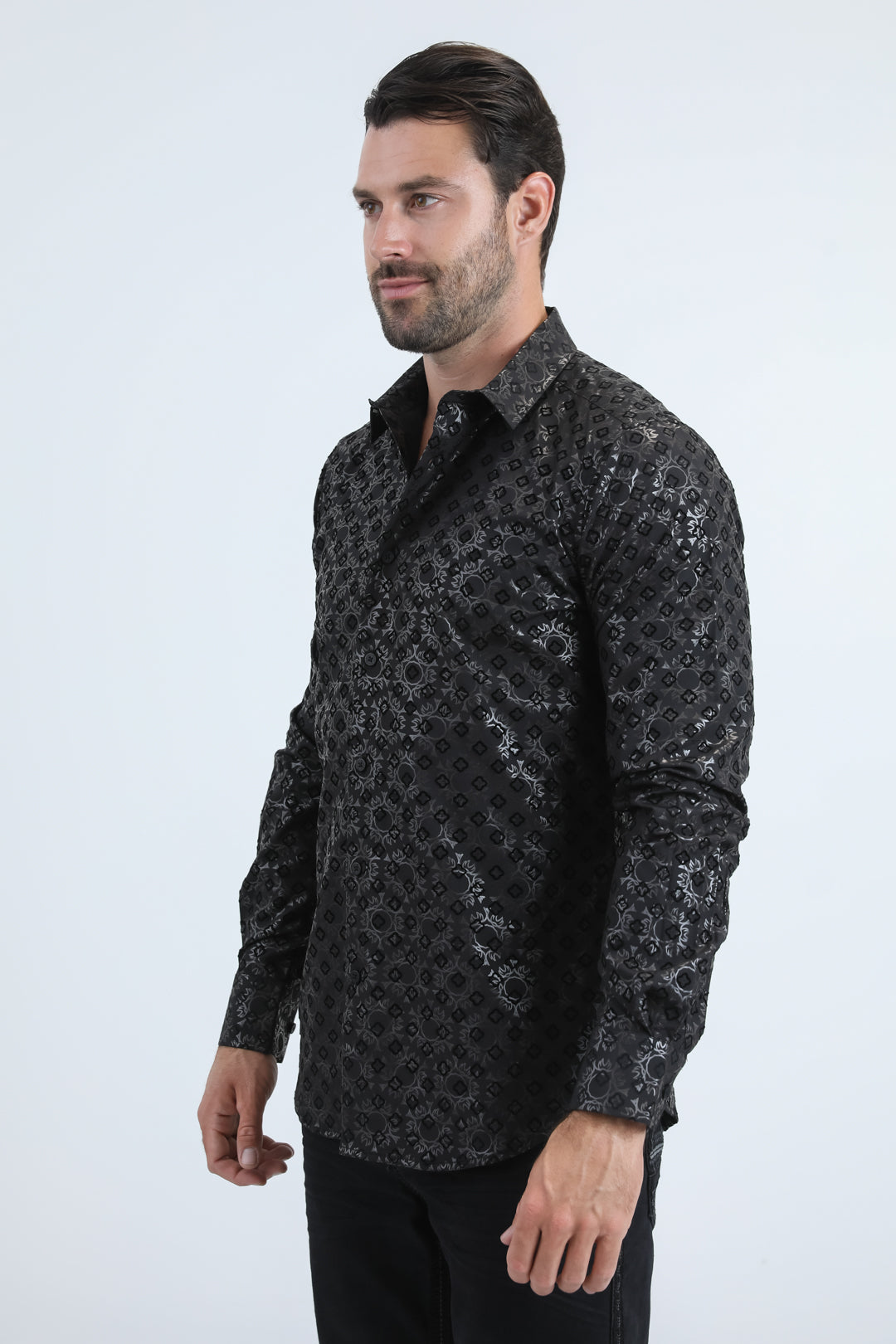 Men's Flocked Modern Fit Spandex Black Shirt