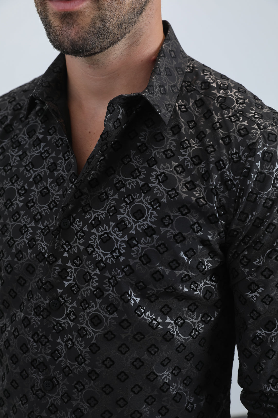 Men's Flocked Modern Fit Spandex Black Shirt
