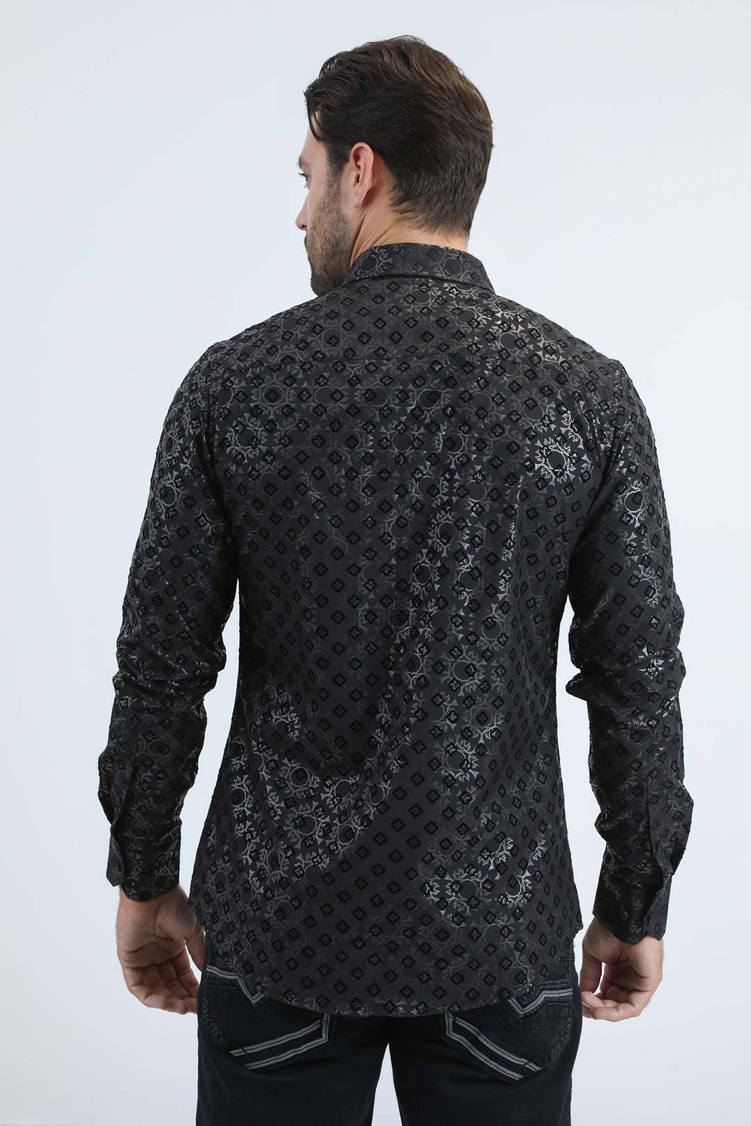 Men's Flocked Modern Fit Spandex Black Shirt