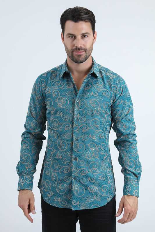 Men's Flocked Modern Fit Spandex Blue Shirt