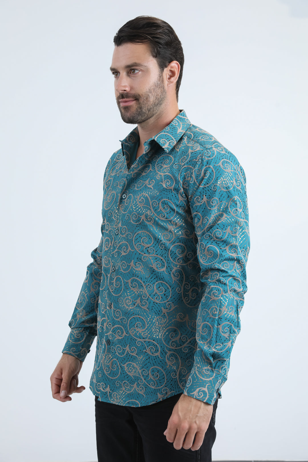 Men's Flocked Modern Fit Spandex Blue Shirt