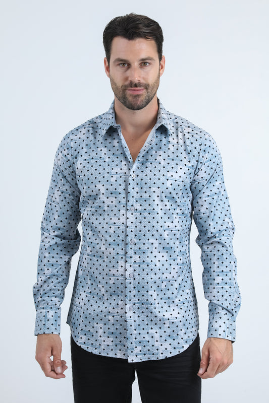 Men's Flocked Modern Fit Spandex Blue Shirt