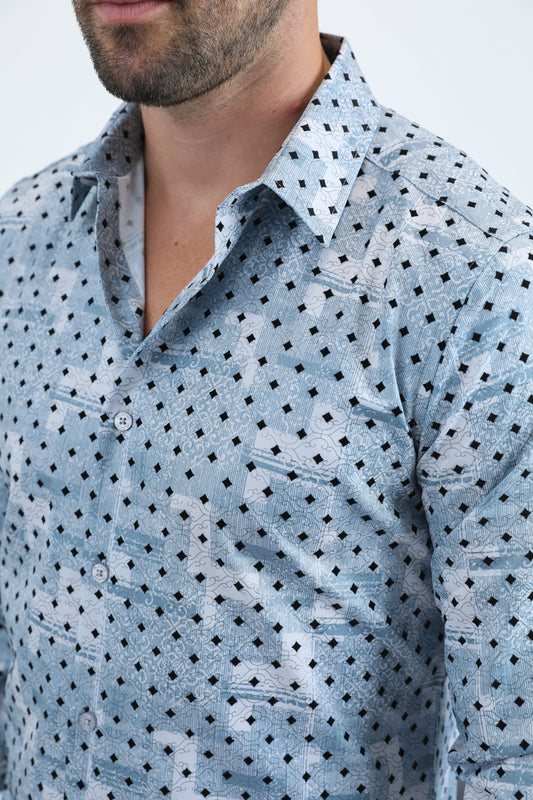 blue abstract patchwork modern shirt men platini close-up
