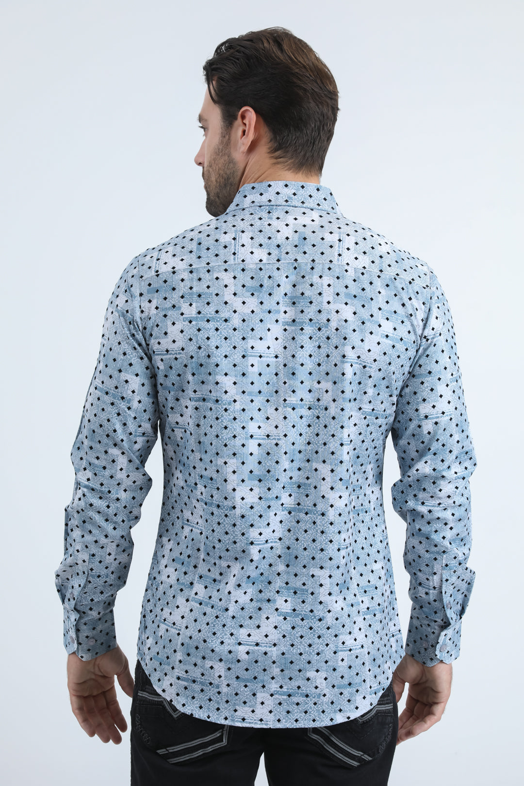 Men's Flocked Modern Fit Spandex Blue Shirt