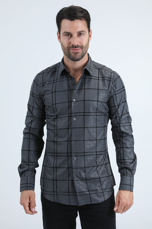 Men's Flocked Modern Fit Spandex Charcoal Shirt