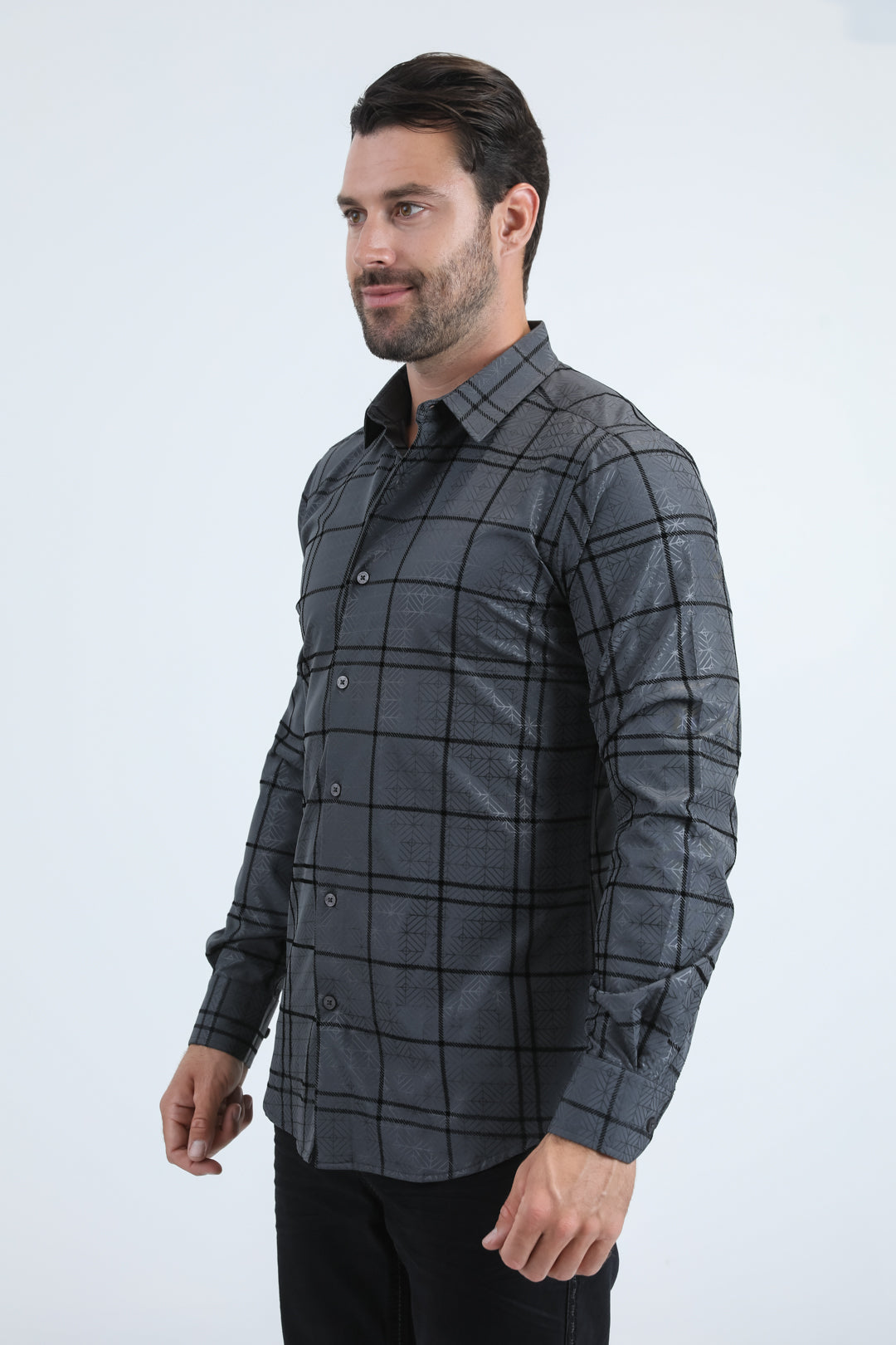 Men's Flocked Modern Fit Spandex Charcoal Shirt