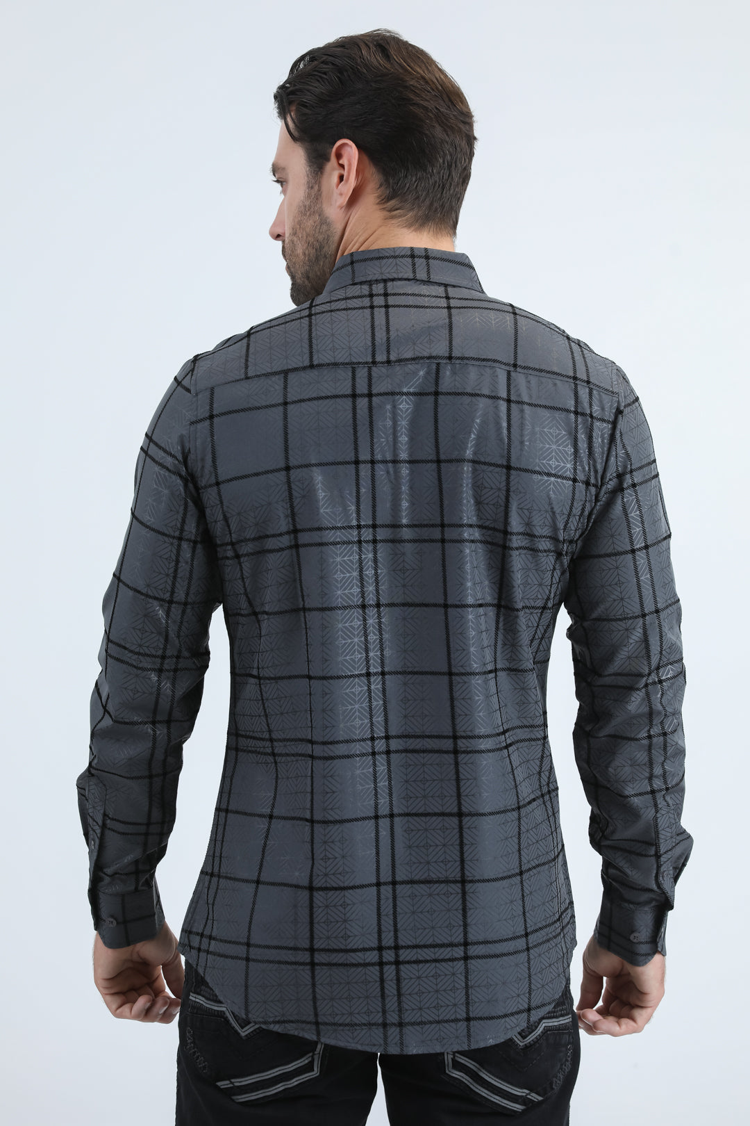 Men's Flocked Modern Fit Spandex Charcoal Shirt