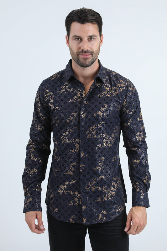 Men's Flocked Modern Fit Spandex Navy Shirt