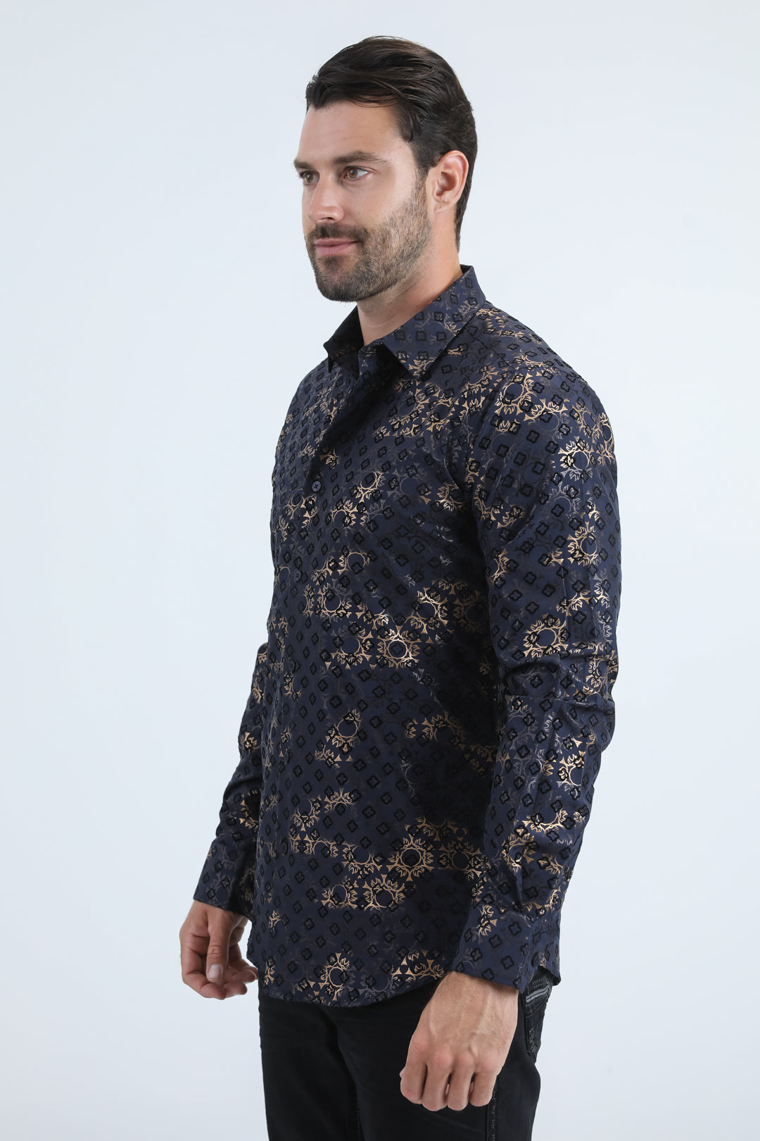 Men's Flocked Modern Fit Spandex Navy Shirt