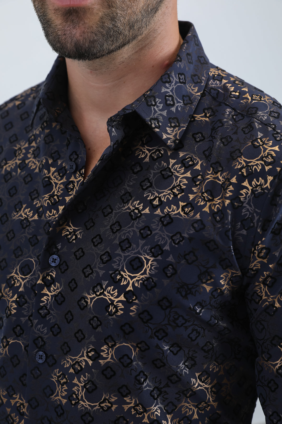 Men's Flocked Modern Fit Spandex Navy Shirt
