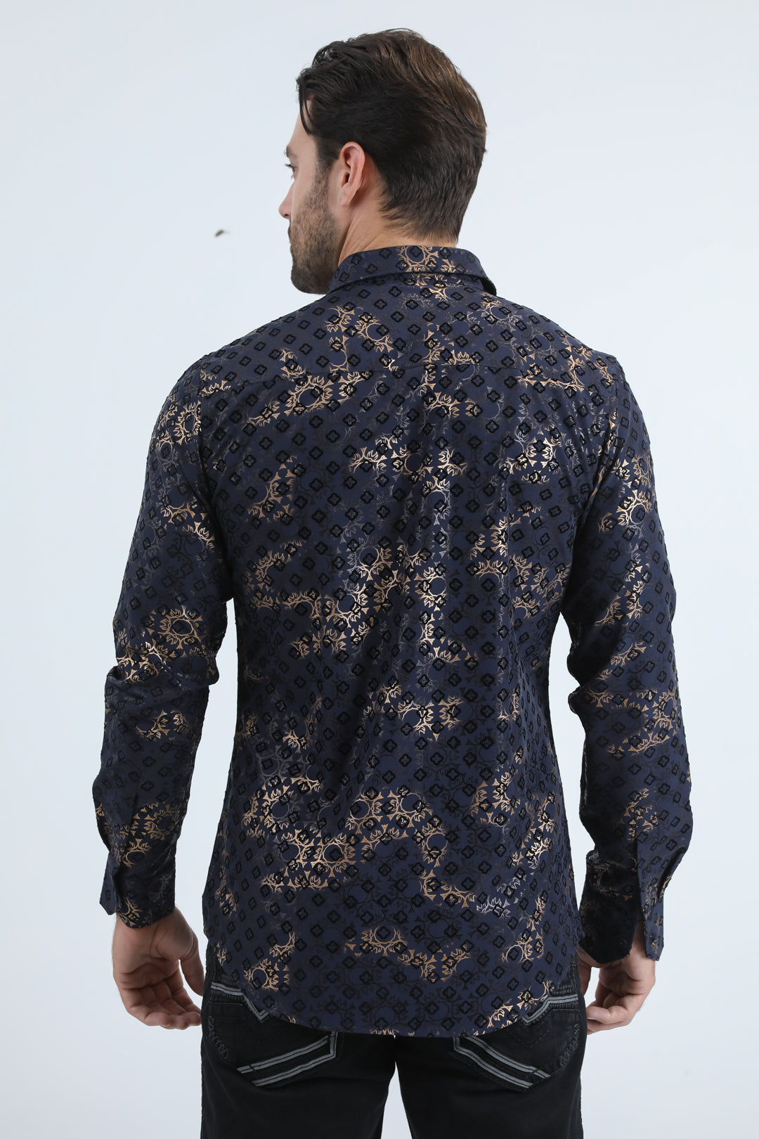 Men's Flocked Modern Fit Spandex Navy Shirt