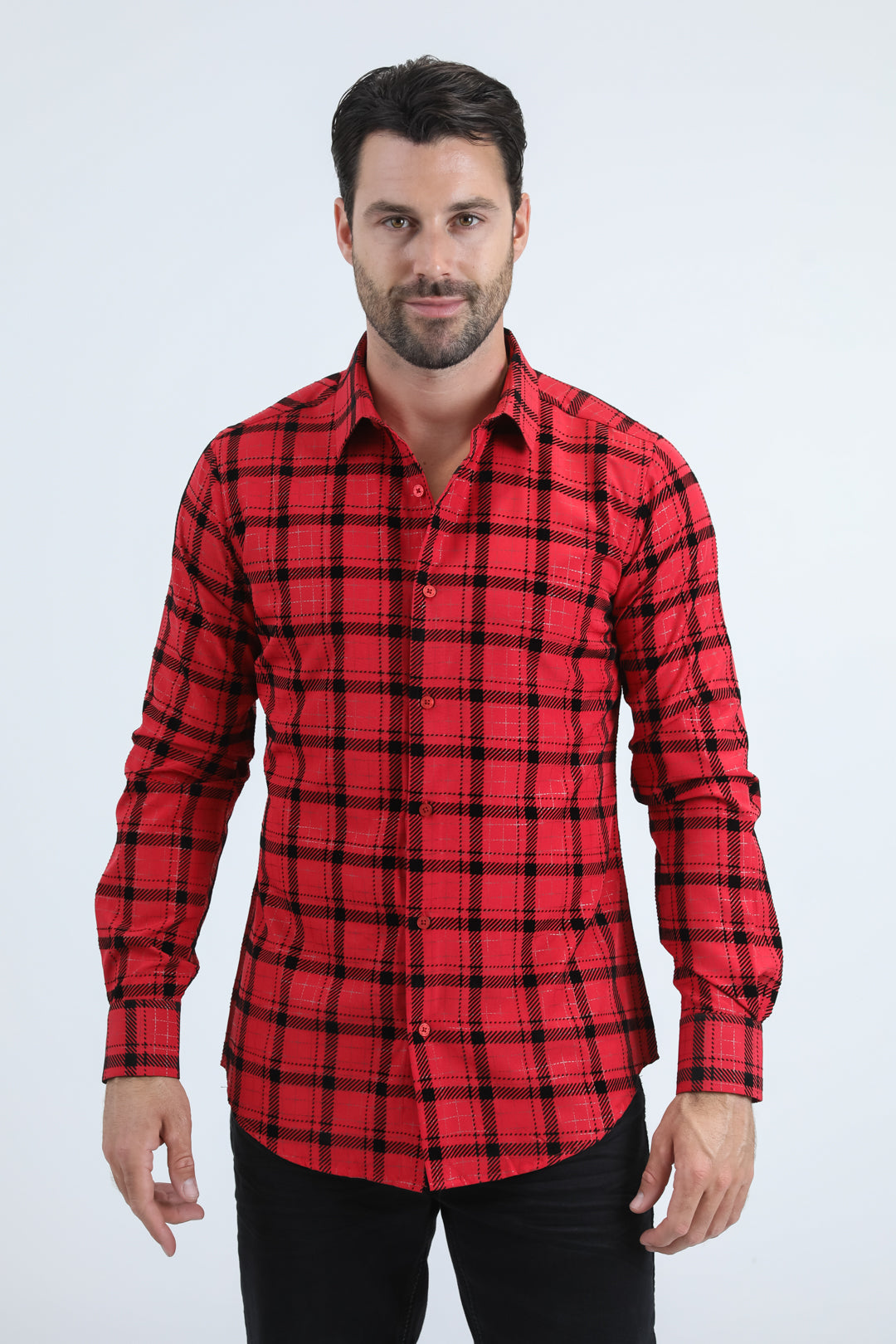 Men's Flocked Modern Fit Spandex Red Shirt