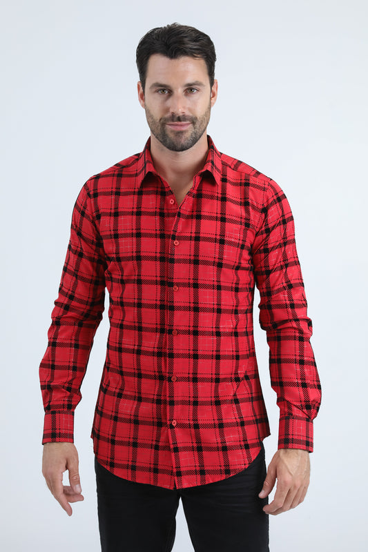 Men's Flocked Modern Fit Spandex Red Shirt