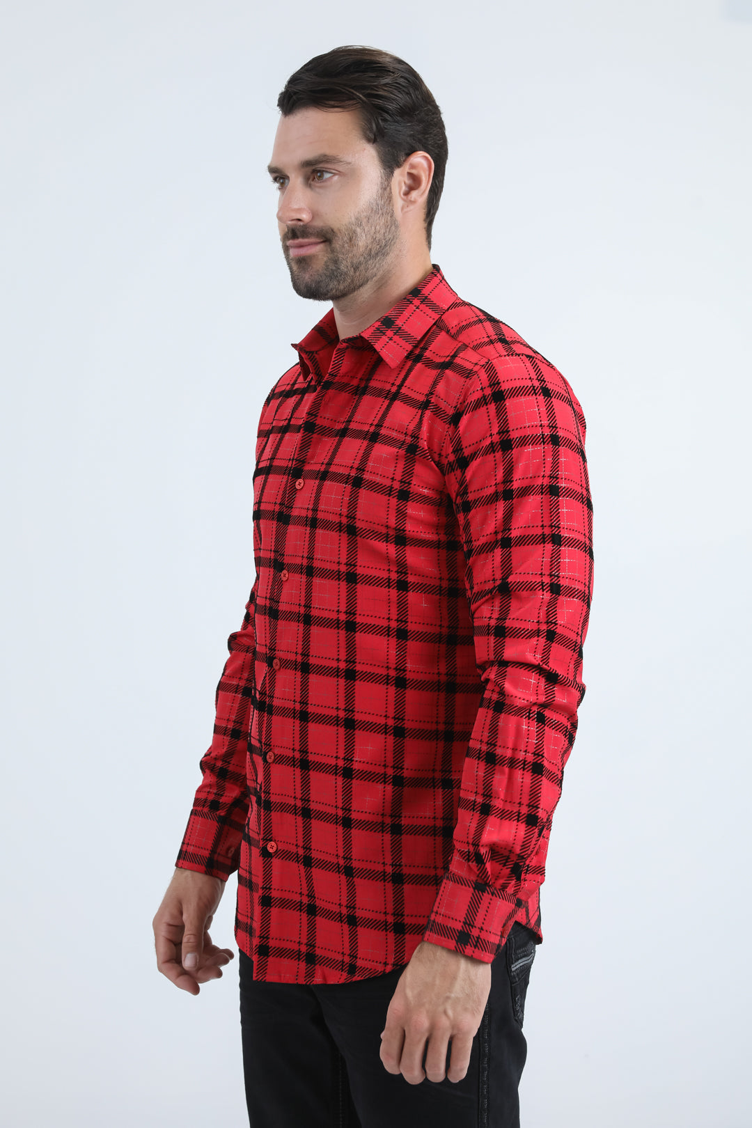 Men's Flocked Modern Fit Spandex Red Shirt