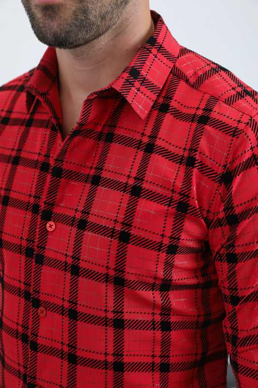 red vibrant plaid modern shirt men platini close-up