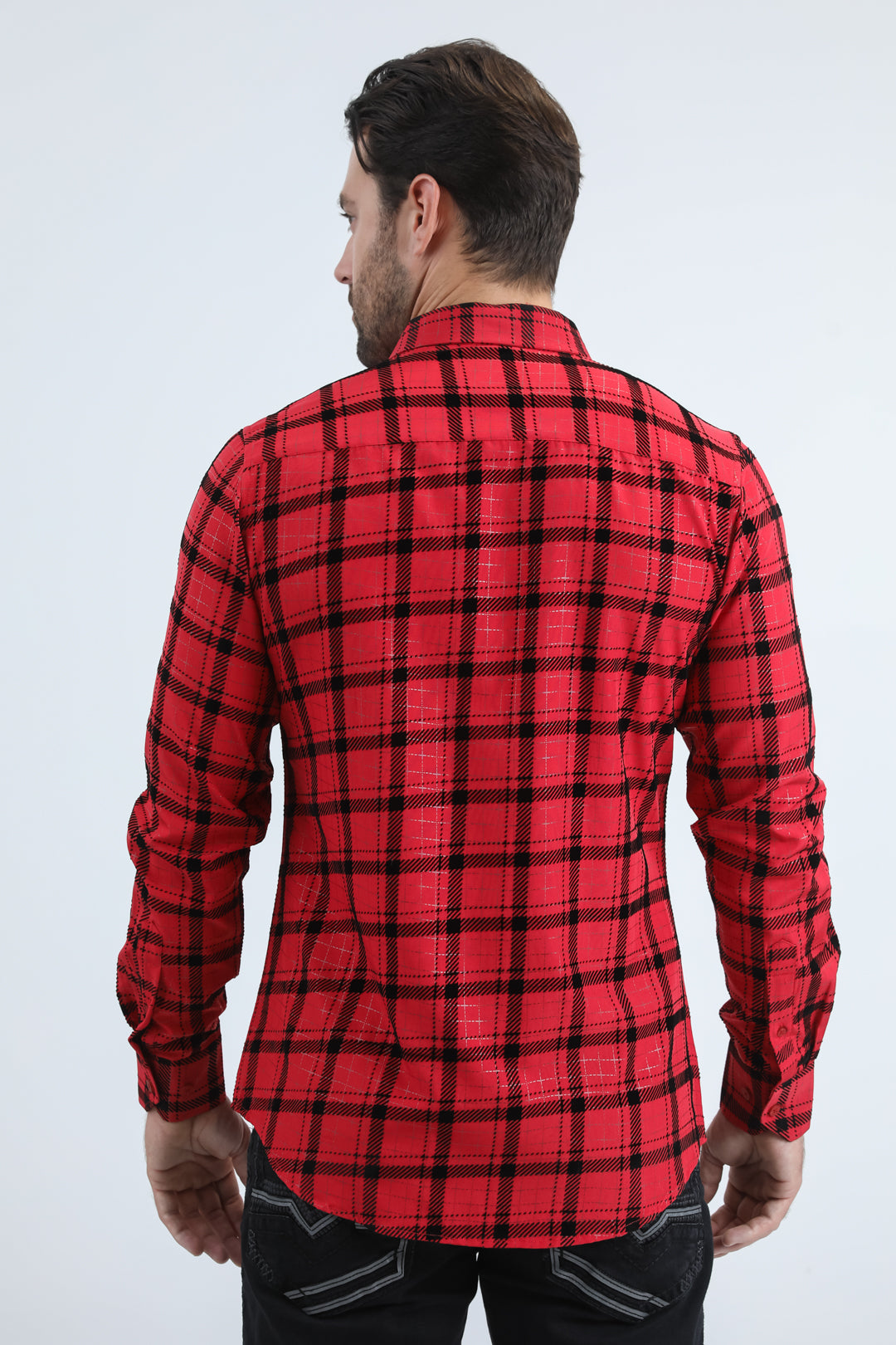 Men's Flocked Modern Fit Spandex Red Shirt