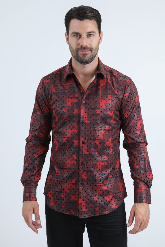 Men's Flocked Modern Fit Spandex Red Shirt