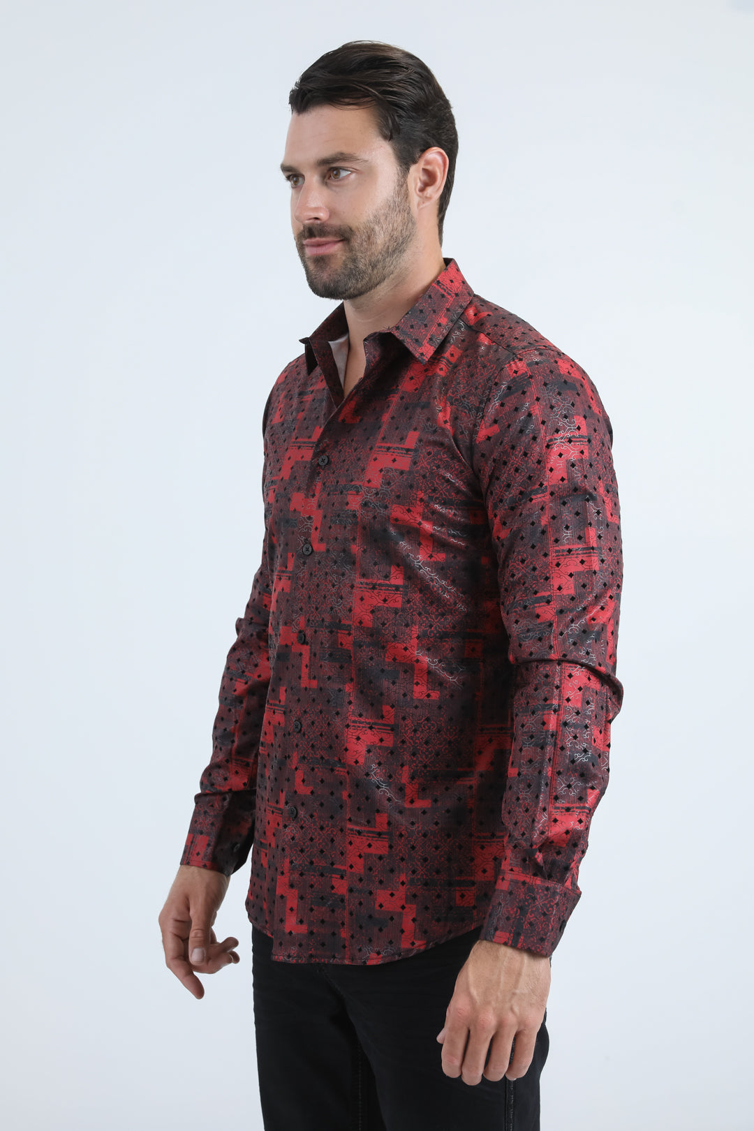 Men's Flocked Modern Fit Spandex Red Shirt