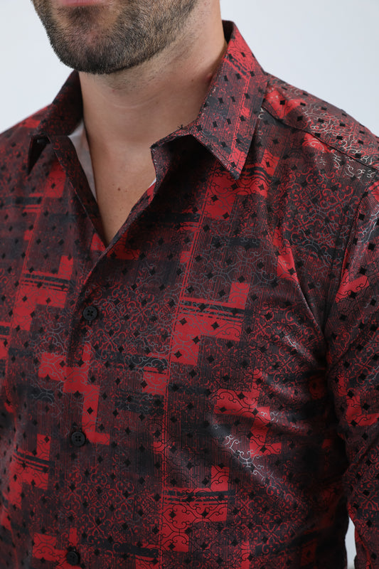 red abstract patchwork modern shirt men platini close-up