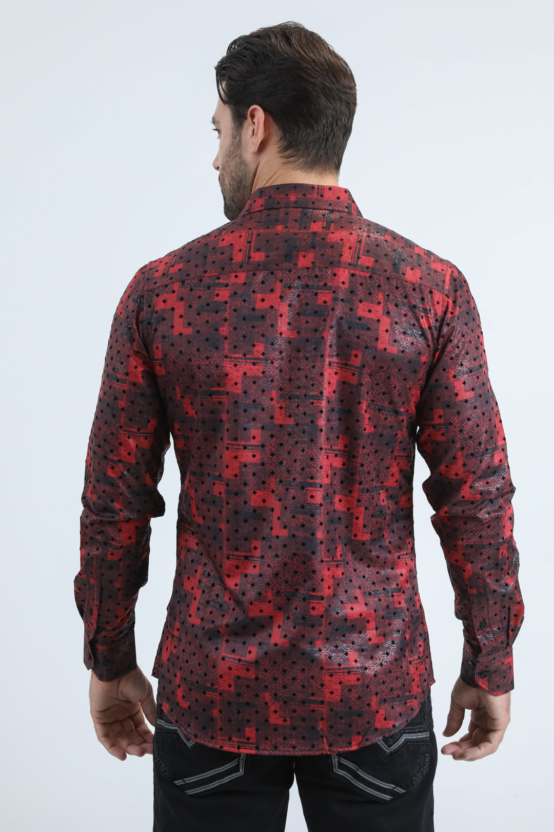 Men's Flocked Modern Fit Spandex Red Shirt