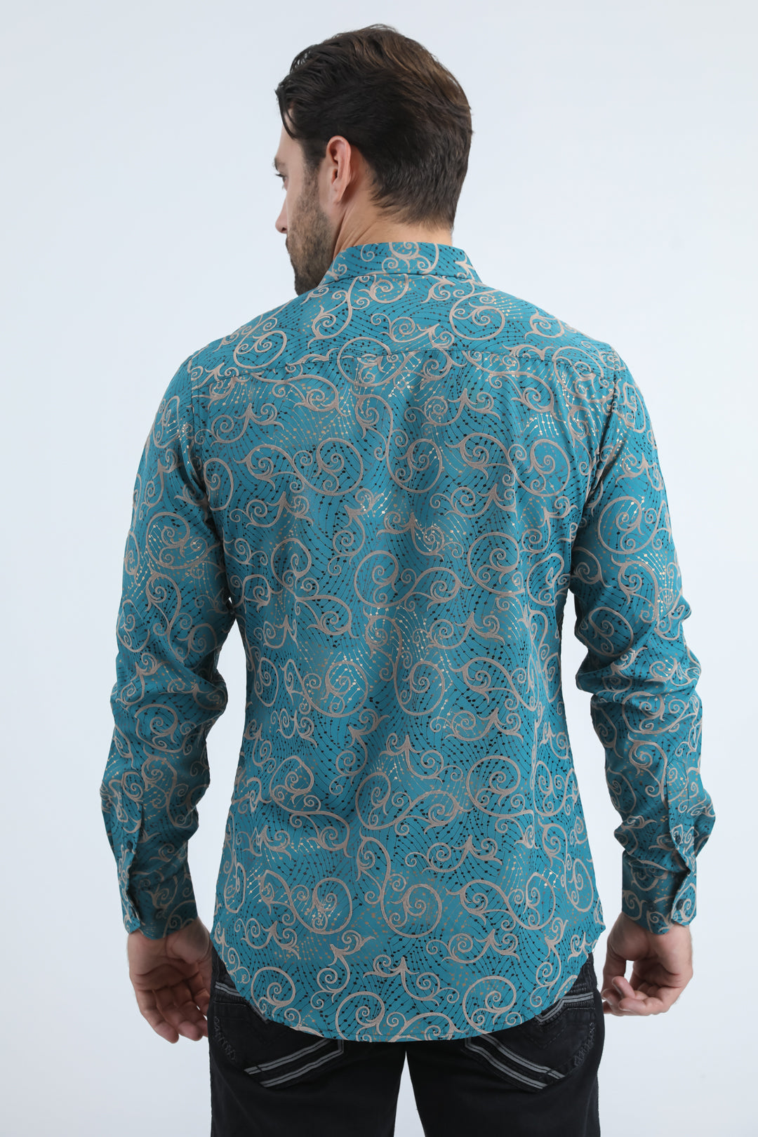 teal organic volute modern shirt platini back