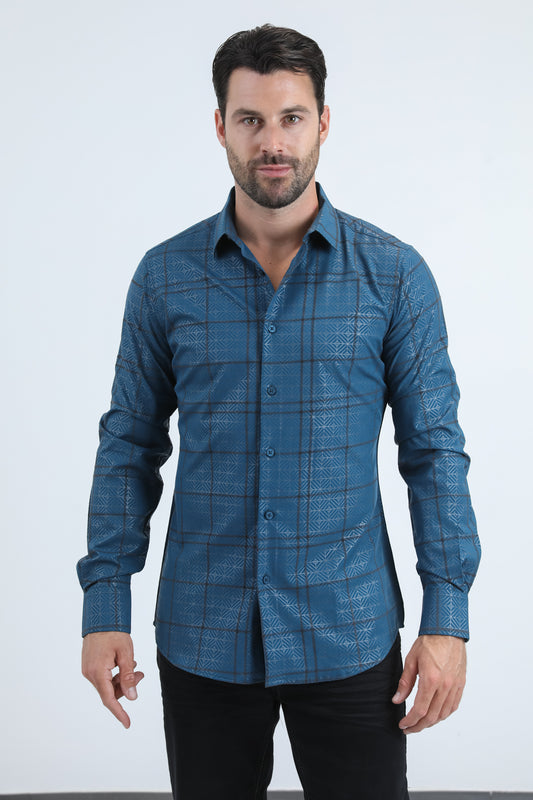 Men's Flocked Modern Fit Spandex Teal Shirt