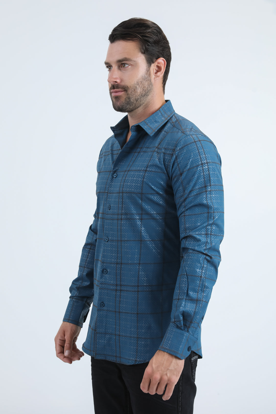 Men's Flocked Modern Fit Spandex Teal Shirt