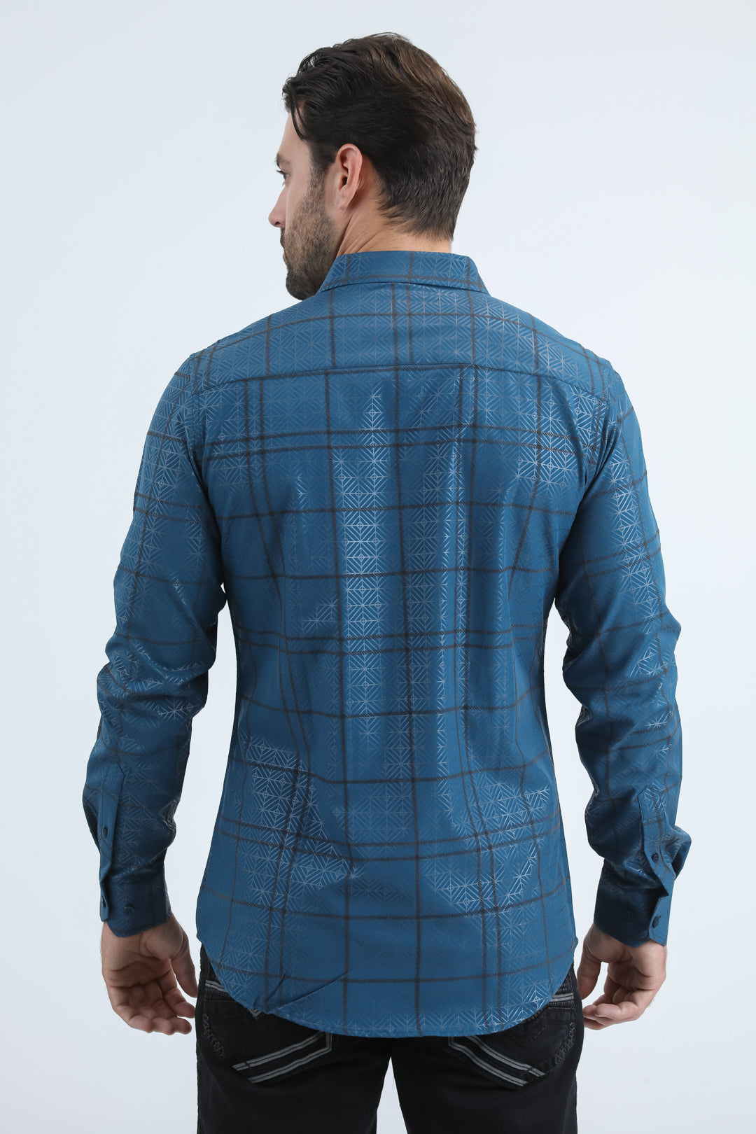 Men's Flocked Modern Fit Spandex Teal Shirt