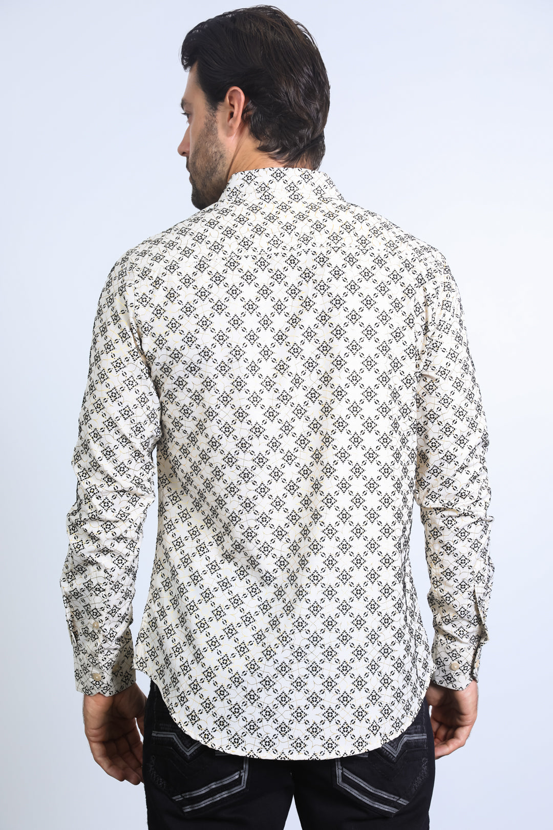 Men's Flocked Style Modern Fit Spandex Beige Shirt